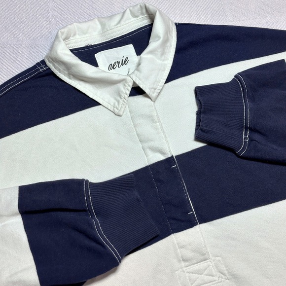 aerie Tops - Aerie Rugby Polo Shirt Womens Small Oversized Striped Navy Blue White Retro
